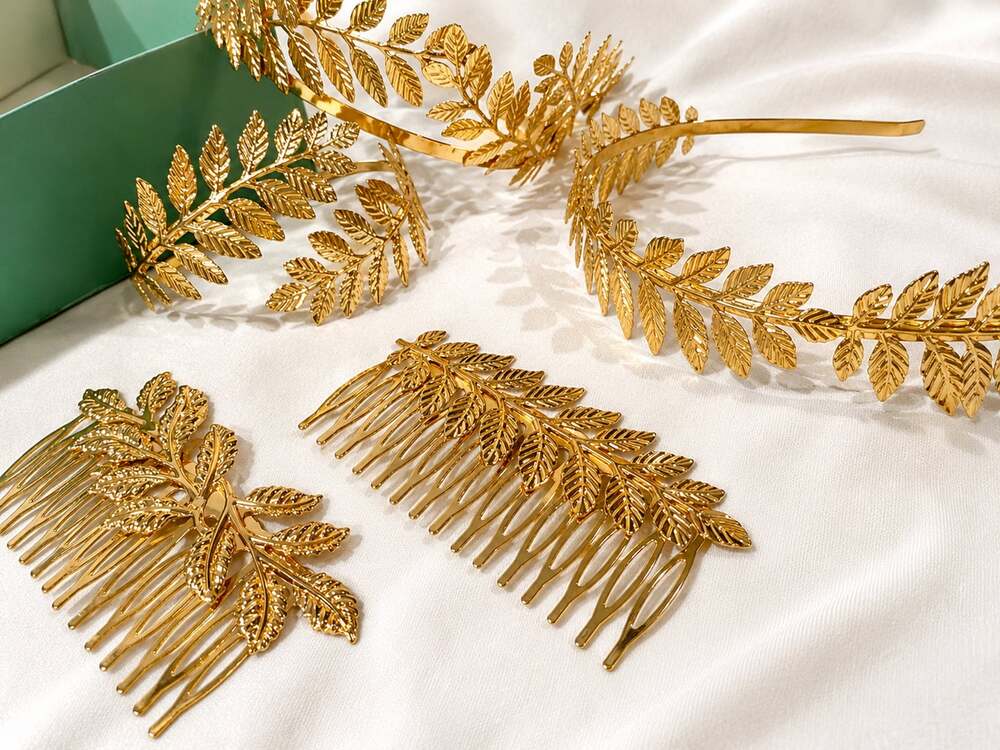 5pcs Greek Roman Goddess Gold Leaf Crown Headband and Hair Combs Costume Set